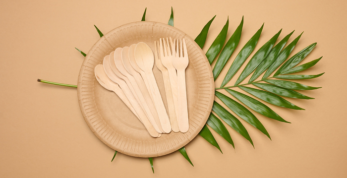 Paper plates, wooden spoons and forks on a beige background, top view Paper plates, wooden spoons and forks on a beige background, top view