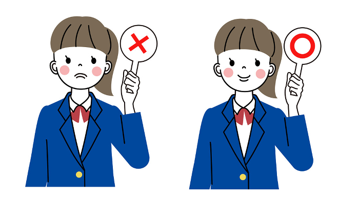 Clip art set of high school girl's upper body holding a placard of circle and cross.