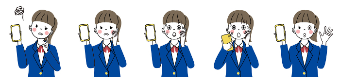 Schoolgirls with smartphones and various expressions on their faces Illustration set