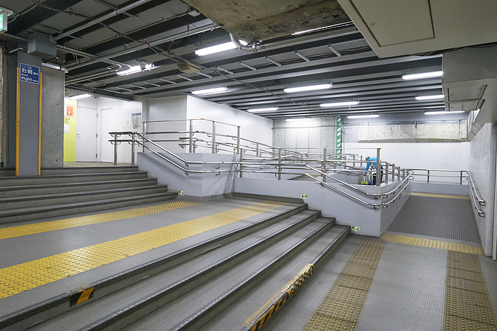 Photo taken in 2024 Barrier free Ramps and stairs at subway station March 2024 Koto ku, Tokyo Minami Sunamachi Station on the Tozai Line