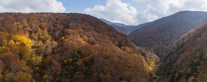 Autumn leaves of Jogakura Stream and the Hakkouda Mountain Range seen from Jogakura Bridge in Towada-Hachimantai National Park, Aomori, Aomori, Japan