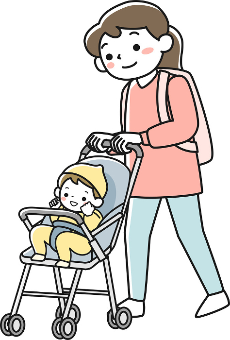 Young mother pushing a stroller