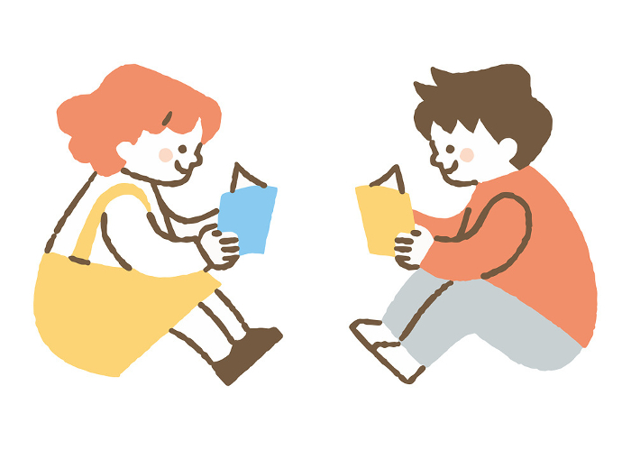 Boy and girl reading books facing each other_Color