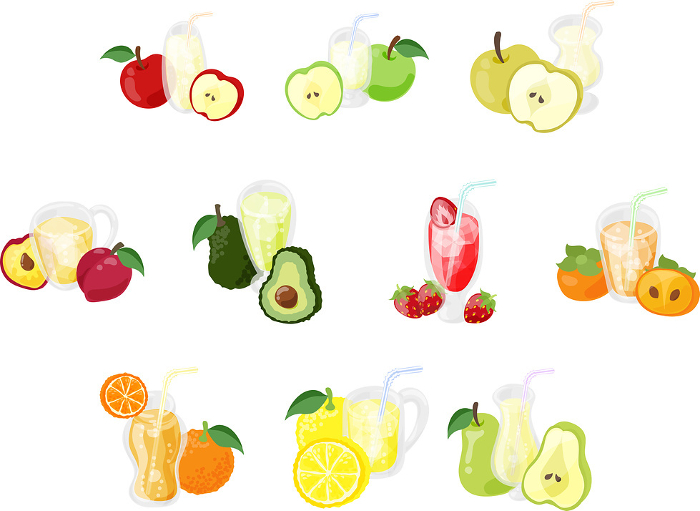 A set of icons of various cute and delicious looking fruit juices such as orange and grapefruit