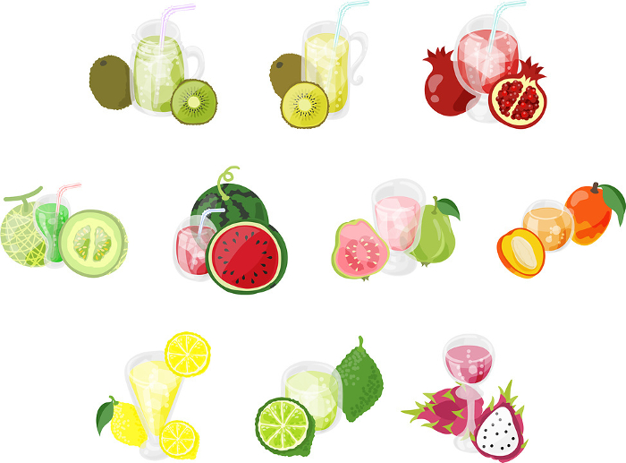 A set of icons of various lovely and delicious fruit juices, such as lime and dragon fruit