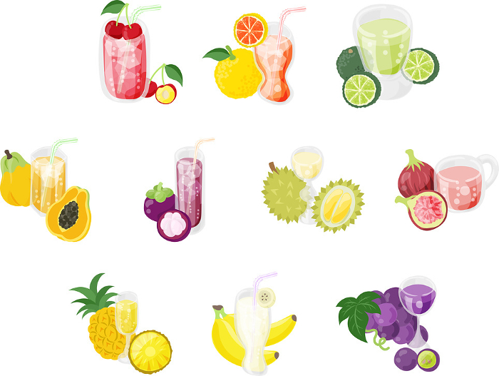 A set of icons of various cute and delicious fruit juices such as figs, pineapples, bananas, grapes, etc.