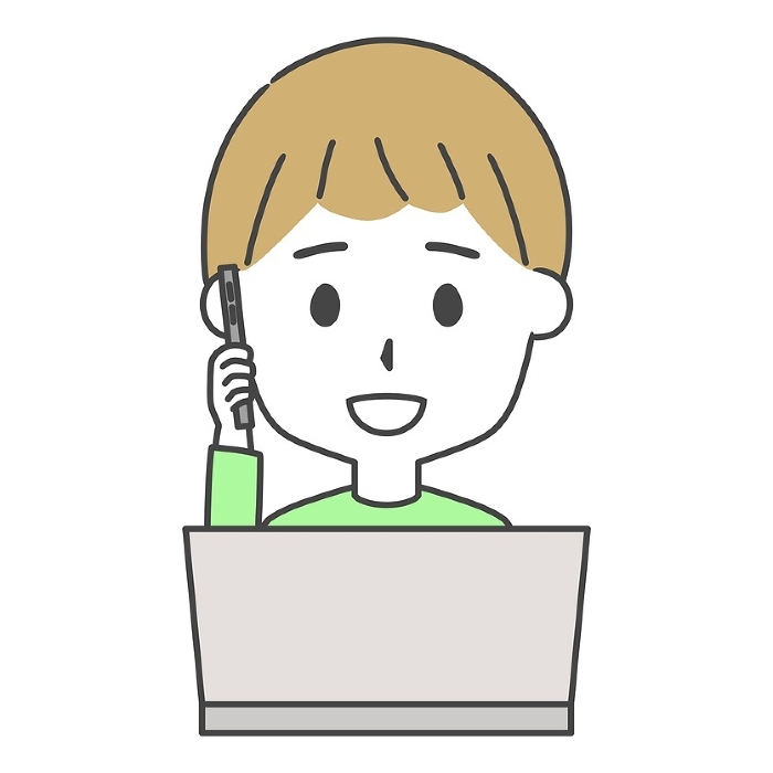 Clip art of man on phone in front of laptop
