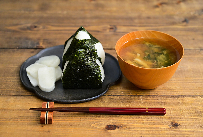rice ball and miso soup