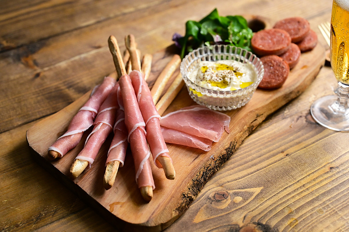 Prosciutto and Grissini, dips and other snacks