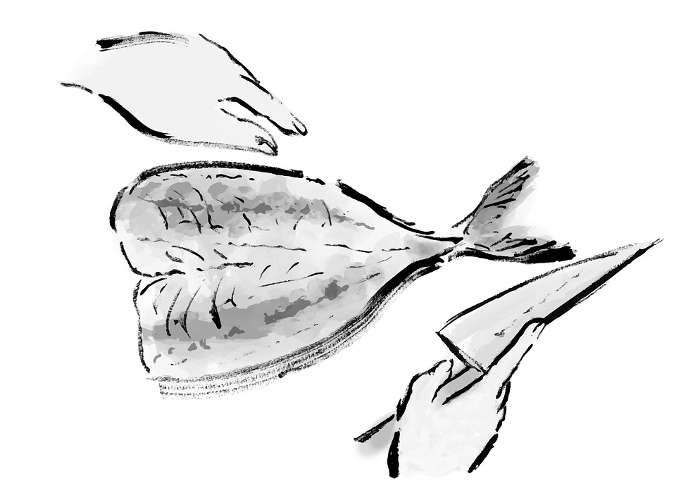 Japanese-style handwritten illustration of a fish (horse mackerel) being processed