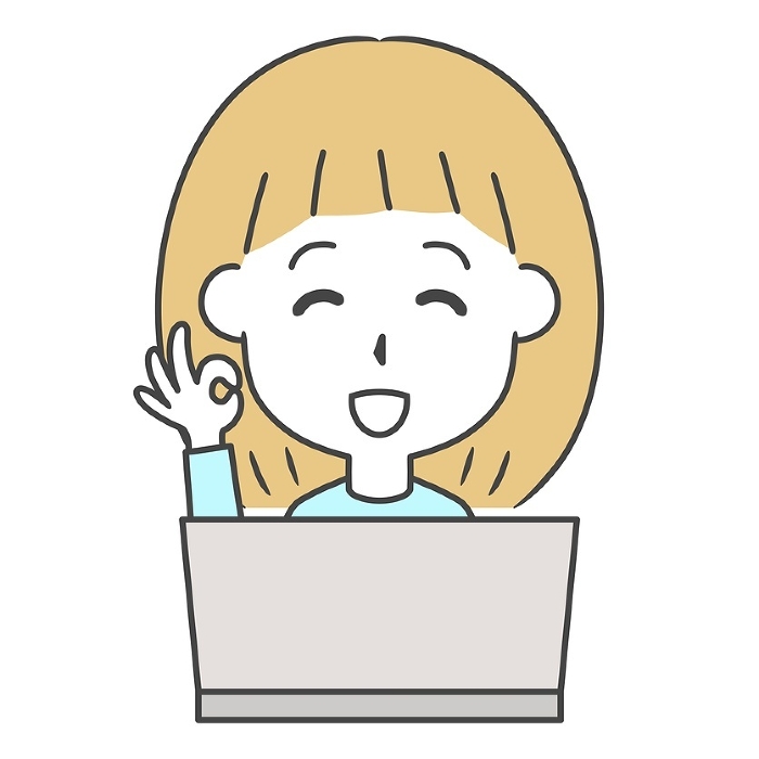 Illustration of a woman giving the OK sign in front of a laptop computer