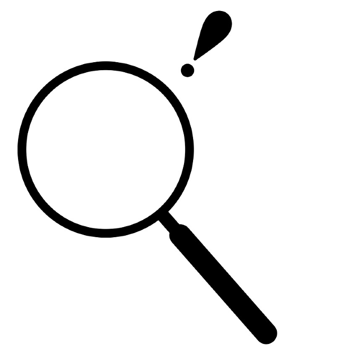 Simple illustration icon of a black magnifying glass with a small surprise mark