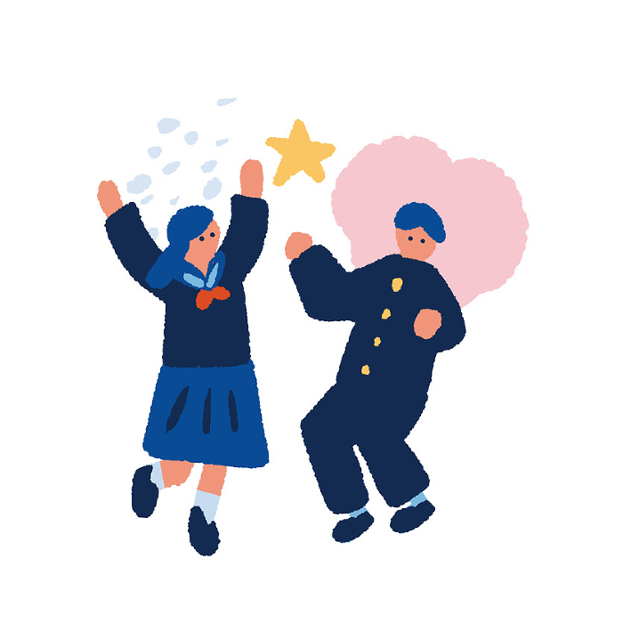 Flat, simple illustration of cheerful male and female students in uniforms.