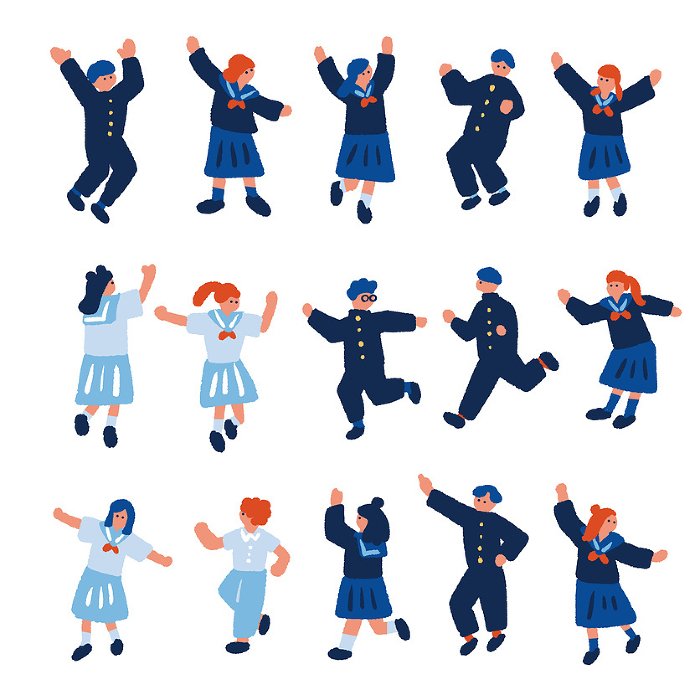 A set of flat, simple illustrations of cheerful students in uniforms.