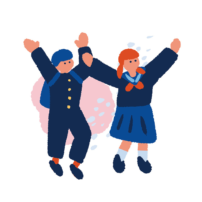 Flat, simple illustration of a happy male and female student in uniform with hands raised.