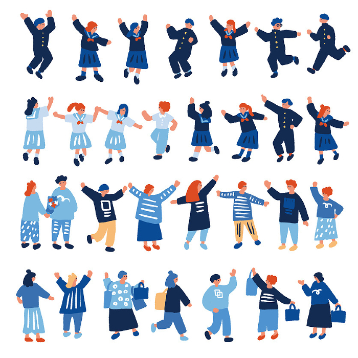 A set of flat, simple illustrations of cheerful students in uniforms.