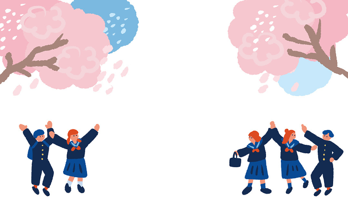 Flat, simple illustration of cherry blossoms and a student in uniform.