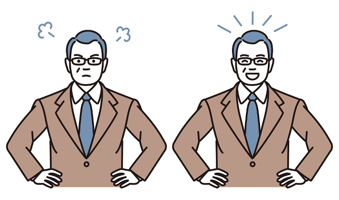 Simple illustration set of a middle-aged businessman who is awake or happy