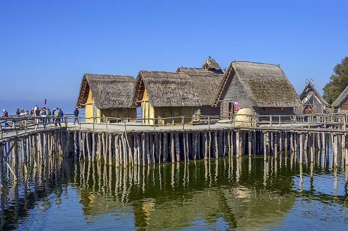 Pile dwellings on the shores of Lake Constance, a tourist attraction in the region and the oldest open-air archaeological museum in Germany, Uhldingen-Mühlhofen, Lake Constance district, Baden-Württemberg, Germany, Europe, by Manfred Bail