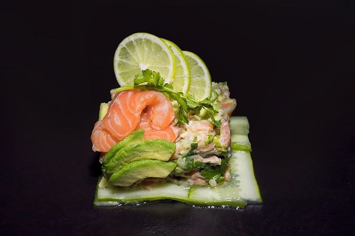 Salmon tartare on cucumber slices with fresh coriander, avocado and lime, food photography with black background, by Siegra Asmoel