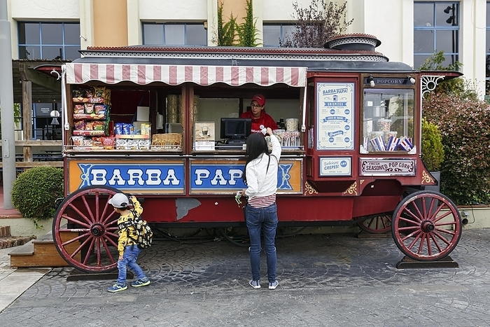 Nostalgic trolley, stall selling popcorn, marshmallows and other sweets, passers-by, Tibidabo theme park, Barcelona, Spain, Europe, by Angela to Roxel