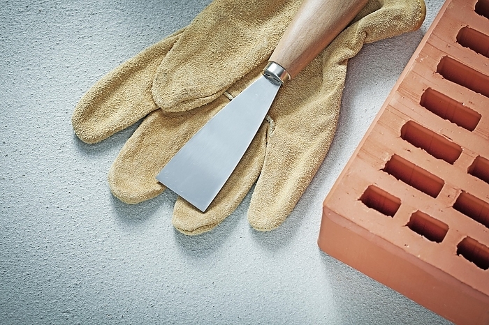 Orange bricks protective gloves construction spatula on concrete background bricklaying concept, by Dzmitri Mikhaltsow