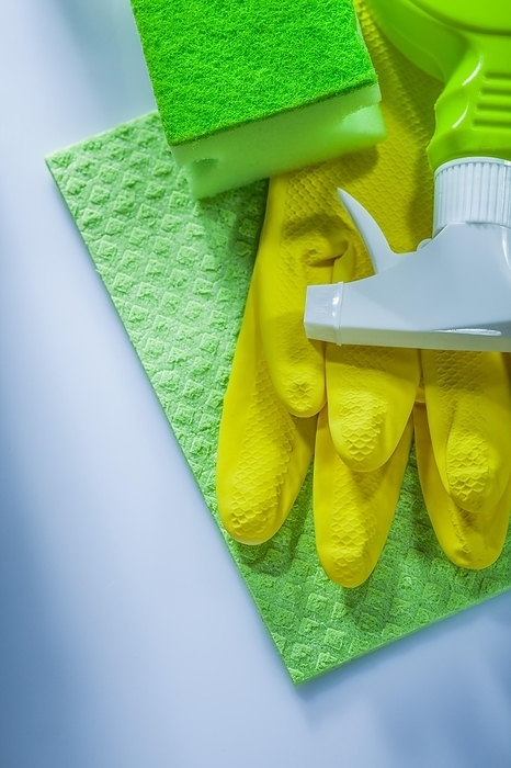 Cleaning washcloth sponge sprayer safety gloves on white surface, by Dzmitri Mikhaltsow