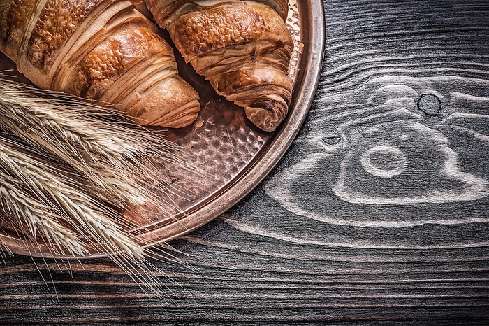 Golden wheat rye ears tasty rolls brass tray on wood board food and drink concept, by Dzmitri Mikhaltsow