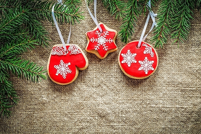 Fir tree branches gingerbread cookies on sacking background, by Dzmitri Mikhaltsow