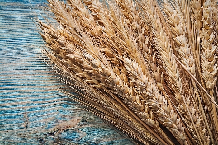 Heap of ripe wheat rye ears on vintage wooden board top view, by Dzmitri Mikhaltsow