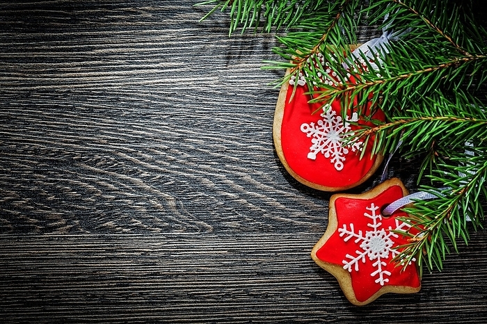 Pine tree branch Christmas cookie on wooden board, by Dzmitri Mikhaltsow