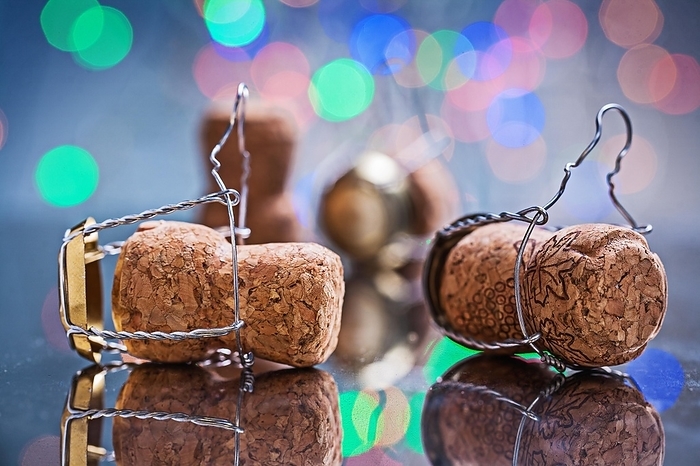 Champagne corks on blurred background, by Dzmitri Mikhaltsow