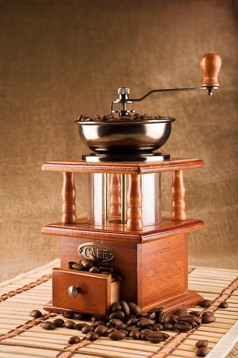 Coffee mill with coffee beans composition, by Dzmitri Mikhaltsow