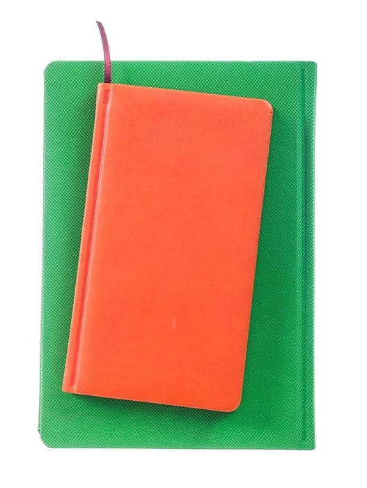Orange and green notepads isolated on white, by Dzmitri Mikhaltsow