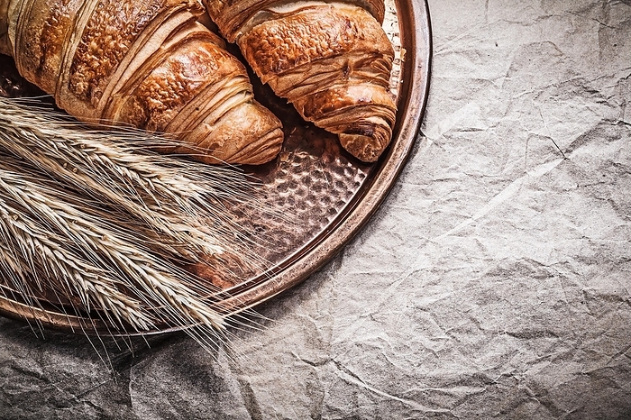 Golden Wheat Rye Ears Croissants Brass Tray Food and Drink Concept, by Dzmitri Mikhaltsow