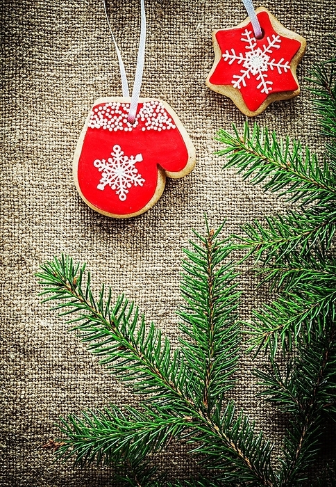 Fir branches Christmas gingerbread biscuits on bagging background, by Dzmitri Mikhaltsow