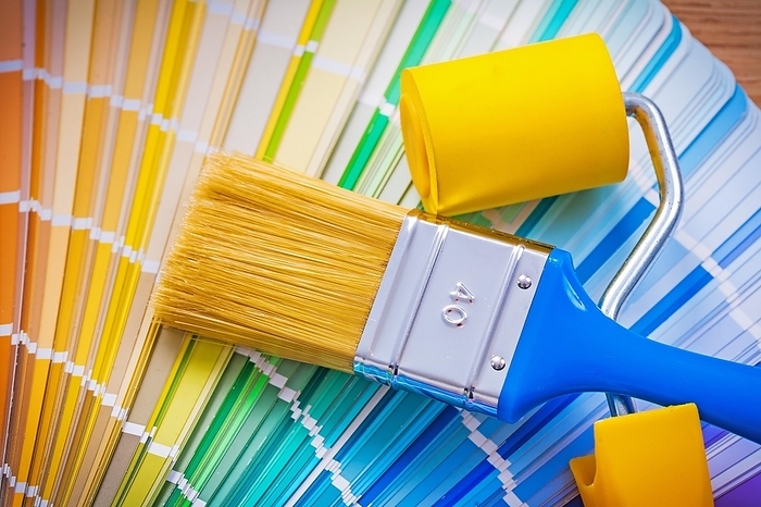 Paintbrush and paint roller on colour palette, by Dzmitri Mikhaltsow