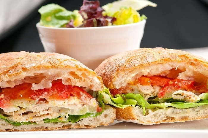 Italian ciabatta panini sandwich with chicken and tomato, by keko64