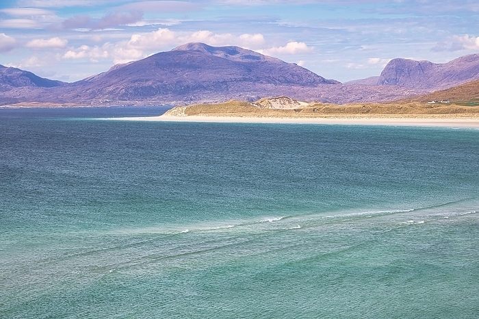 Coastline with sandy beach and mountains, Luskentyre Beach, East Loch Tarbert sea inlet, Isle of Harris, Outer Hebrides, Hebrides, Scotland, United Kingdom, Europe, by Hartmut Albert