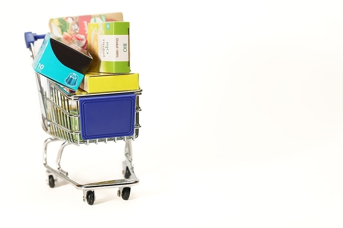 Shopping cart full of boxes of grocery items isolated on a white background, by jose hernandez antona