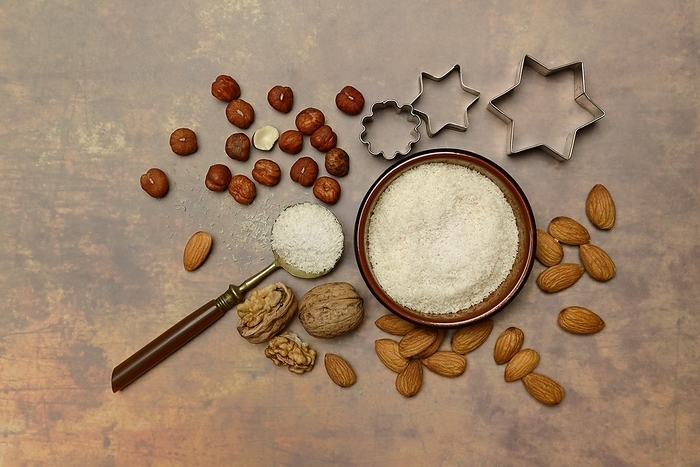 Grated coconut in a bowl and spoon, various nuts and cookie cutters, by Jürgen Pfeiffer