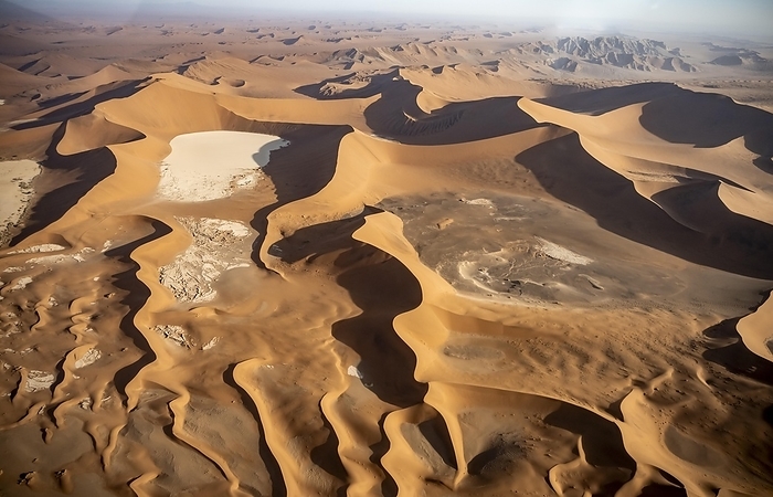 Aerial view, red sand dunes of Sossusvlei, Deadvlei salt pan and Daddy Dune from above, Namib Desert, Namib-Naukluft National Park, Namibia, Africa, by Mara Brandl