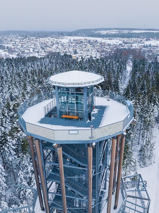 Snow surrounds a high viewing platform in the middle of a dense forest, Himmelsglück, Schömberg, Black Forest, Germany, Europe, by Manuel Kamuf