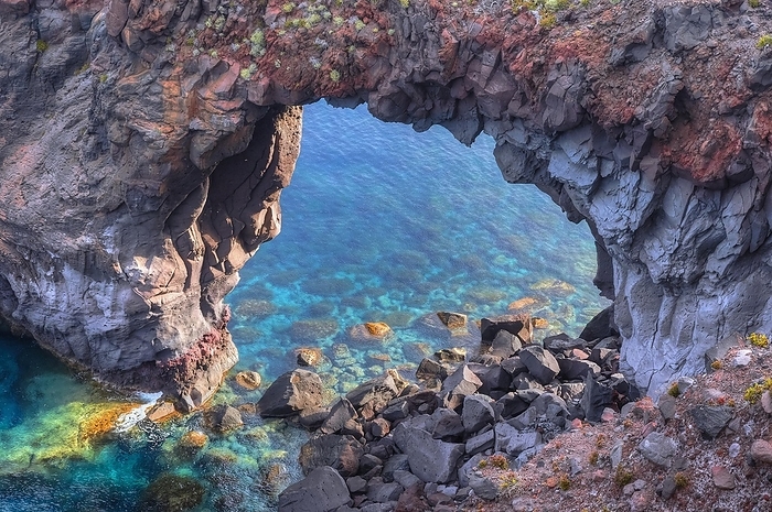 Rock gate in the water, detail, HDR, Spiaggia di Pollara, Pollara beach, Pollara, Salina, Aeolian Islands, Sicily, Italy, Europe, by Ralf Adler