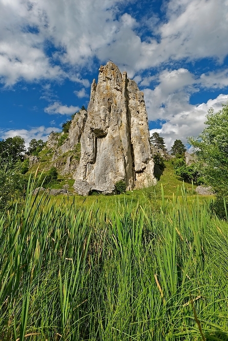Striking limestone rock formation Burgstein with blue and white sky in the upper Altmühltal surrounded by green vegetation, Dollnstein, Altmühltal, Bavaria, Germany, Europe, by Michael Rucker