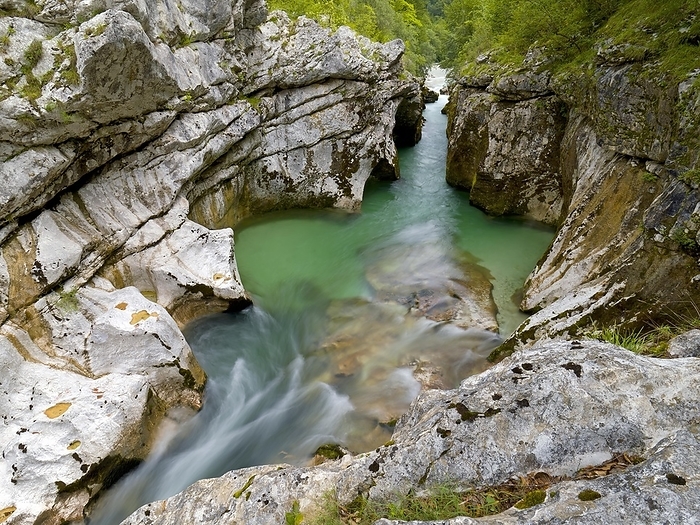 River Soca flows through narrow canyon, Soca Valley, Triglav National Park, Bovec, Slovenia, Europe, by Ottfried Schreiter