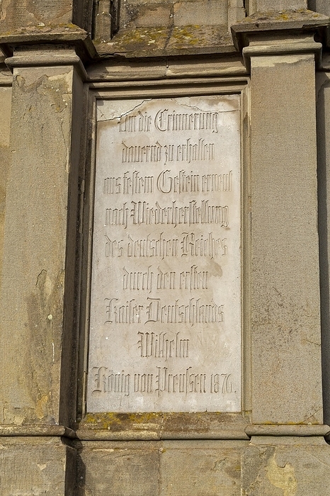 Detail, commemorative plaque, neo-Gothic pinnacle from 1876, Plateau, Drachenfels, Königswinter, North Rhine-Westphalia, Germany, Europe, by Siegfried Kuttig