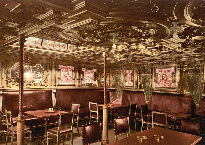 The smoker's cabin on the steamer Maria Theresia, of Deutsche Lloyd, formerly used on the Lake Traun, Germany, historical, photochrome print from the 1890s, Europe, by Sunny Celeste