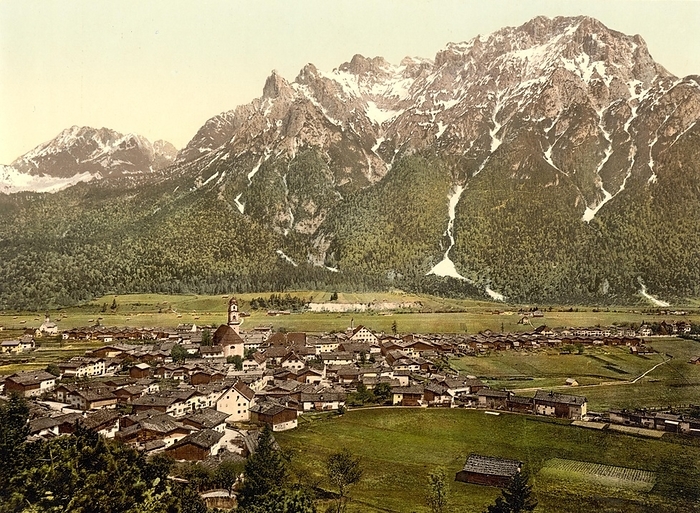 Mittenwald and the Karwendel Mountains, Bavaria, Germany, Historic, Photochrome print from the 1890s, Europe, by Sunny Celeste