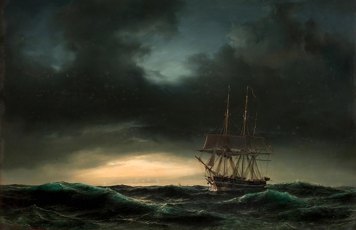 A Danish corvette at sea after a storm, after a painting by Anton Melbye, Historical, digitally restored reproduction from a 19th century original, by Sunny Celeste